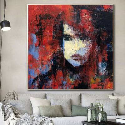 Lady in Red Painting Abstract Red Painting on Canvas Figurative Abstract Art Modern Red Wall Art Woman Abstract Art Woman Fac...