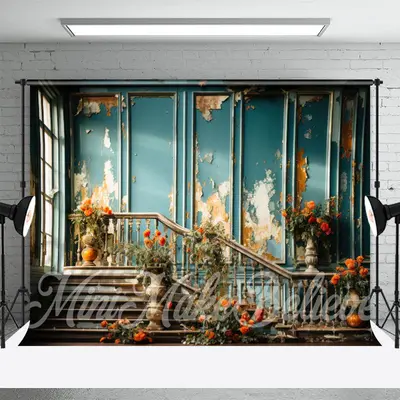Flowers Blue Distressed Room Retro Wall Backdrop - Aperturee