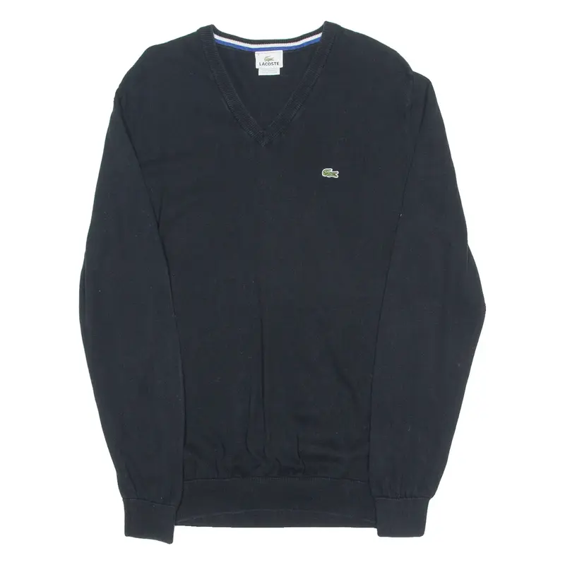LACOSTE Mens Jumper Black V-Neck Tight Knit M