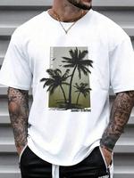 Men's Coconut Tree & Letter Print Drop Shoulder Sleep Tee, Regular Fit Casual Soft Comfortable Short Sleeve Round Neck Pj T-s...