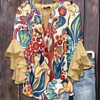 SILVIAE Mixed Floral Print Ruffle Bell Sleeve Top Going Outfits Blouses Women Vintage 90s Tops Funny Shirts Women Elegant Cla...