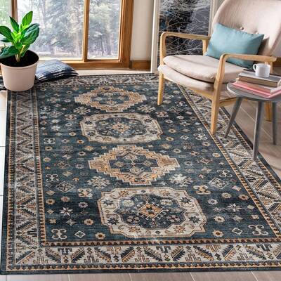 Garvee Inky Blue Vintage Washable Area Rug 5'x7' Boho Rug Faux Cashmere Non Slip Rugs for Living Room Bedroom Oriental Indoor...