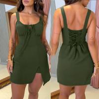ChicMe Women's Plain Square Neck Lace-up Back Shirred Tied Detail Romper Elastic Waist Side Slit Short Jumpsuit Womenswear Ad...