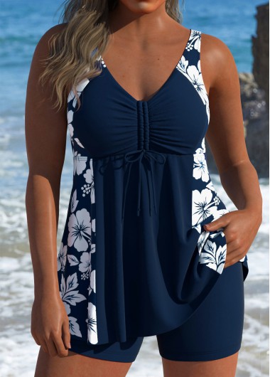 Modlily Mid Waisted Floral Print Navy Tankini Set - XL