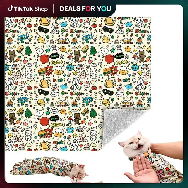 Reusable Cat Grooming Wrap – Washable Self-Adhesive Anti-Scratch Restraint Wrapfor Stress-Free Nail Clipping, Face Cleaning...