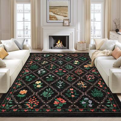 Garvee Washable Floral Area Rug 9x12 - Non-Slip, Stain-Resistant, Soft Polyester, Low Pile, Machine Washable, Farmhouse Style...