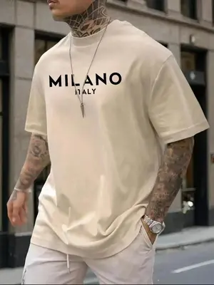 Unisex Men's Letter Print Drop Shoulder Short Sleeve Tee, Regular Fit Casual Round Neck T-shirt for Summer, Menswear for Dai...