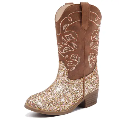 Cowgirl Boots for Girls Mid Calf Youth Girl Cowboy Western Boots Pointed Toe Embroidered for Horse Riding Country Party Toddl...
