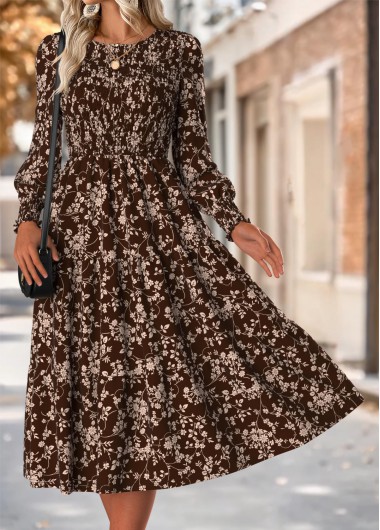 Modlily Dark Coffee Tummy Coverage Ditsy Floral Print Dress - XL