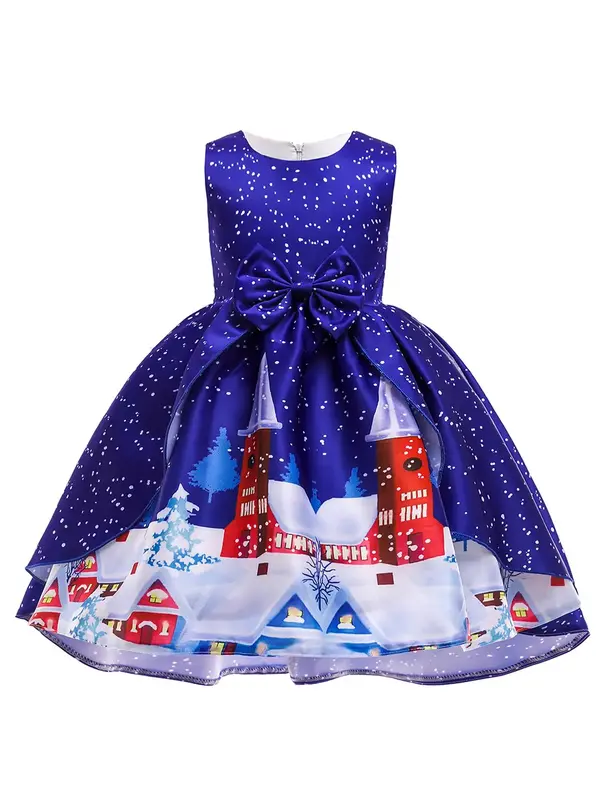 Girl's All Over Snowflake Print Bow Front Satin Dress, Elegant Zipper Back Sleeveless Round Neck A Line Dress for Party Holid...