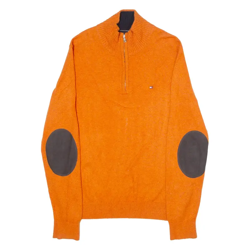 TOMMY HILFIGER Mens Jumper Orange Patchwork 1/4 Zip Tight Knit M