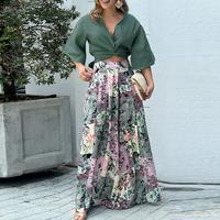 ChicMe Women's Twisted Crop Top & Floral Print Wide Leg Pants Set