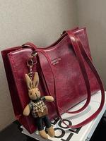 Mother's Day Gift, Women's Zipper Purse Tote Bag, Fashionable Solid Color Large Capacity Shoulder Bag with Rabbit Charm, Casu...