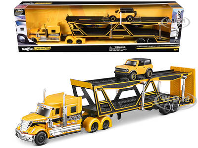 International Lonestar Open Car Hauler Yellow with Black Stripes and 2021 Ford Bronco Badlands Yellow with Black Top \