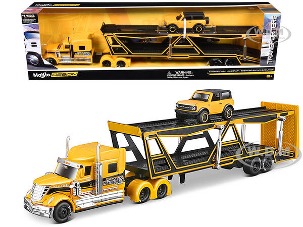 International Lonestar Open Car Hauler Yellow with Black Stripes and 2021 Ford Bronco Badlands Yellow with Black Top \