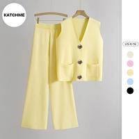 KatchMe Women's Elegant V Neck Gold-Toned Button Decor Tank Top & Wide Leg Trousers Co-ord, Classy Solid Color 2 Piece Co-ord...