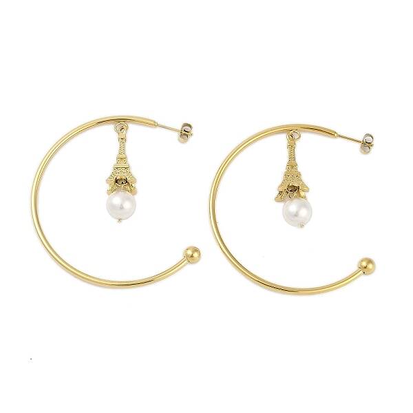 Ion Plating(IP) 304 Stainless Steel C-Shaped with Eiffel Tower Stud Earrings for Women