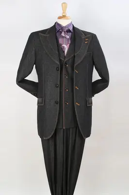 Black Denim Men's Suit with Vested Peak Lapel & Wide Leg Pants