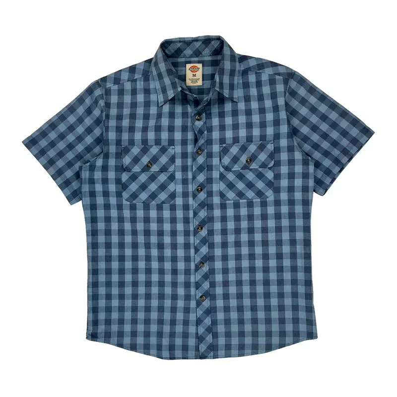 Dickies Checked Short Sleeve Shirt - Medium Blue Cotton Blend