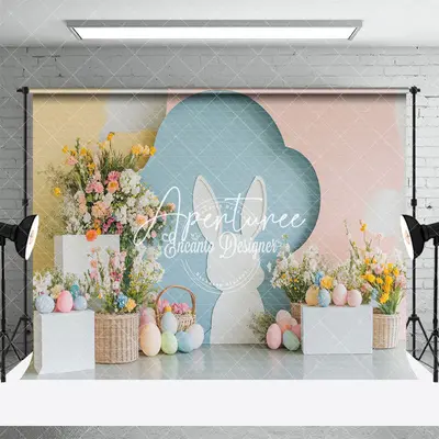 Aperturee Bunny Eggs Spring Colorful Floral Easter Backdrop, 3X2FT(1MX0.6M), 14 USD, easter backdrops, ENHD3J23-M