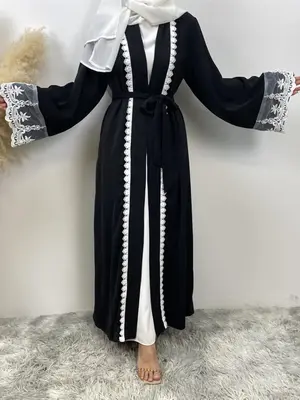 Arabic Clothing-Contrast Lace Belted Abaya, Summer Outfits 2024, Modest Long Sleeve Open Front Arabic Robe For Women, Women's...