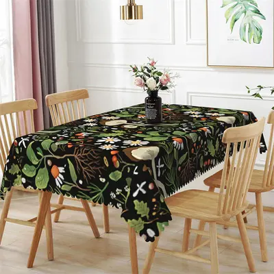 Mushroom Floral Plant Black Rectangle Tablecloth - Aperturee