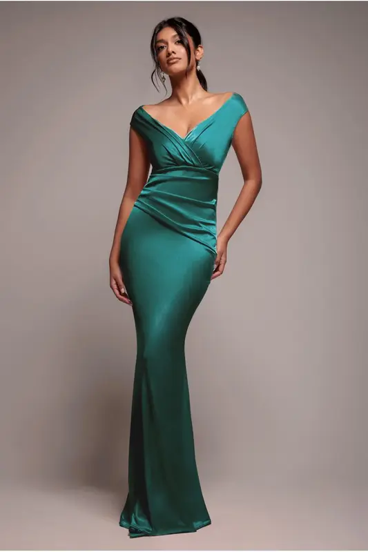 Goddiva Satin Off The Shoulder Maxi Dress - Emerald Green