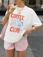Women's Coffee Club Print Round Neck Tee, Fashion Casual Crew Neck T-Shirt for Daily Holiday Vacation Outdoor Wear, Ladies Cl...
