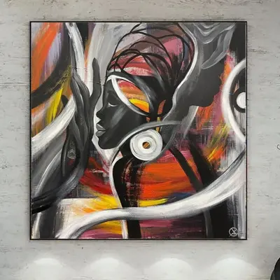 Large Abstract African Woman Face Painting in Black And Red Colors Abstract Figurative Fine Art Original Handmade Artwork | F...