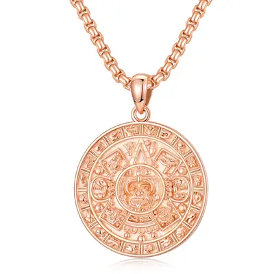 Sterling Silver with Rose Gold Plated Aztec Calendar Pendant Necklace for Men