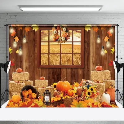Window Wheat Field Autumn Pumpkin Harvest Backdrop - Aperturee
