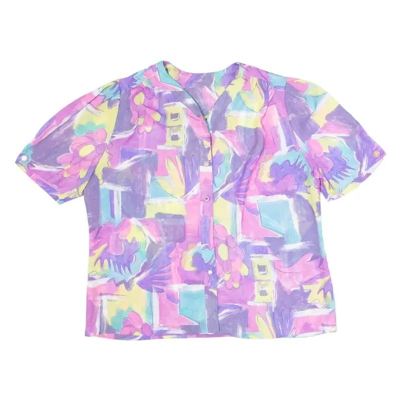 Womens Printed Shirt Purple Button Neck Crazy Pattern L