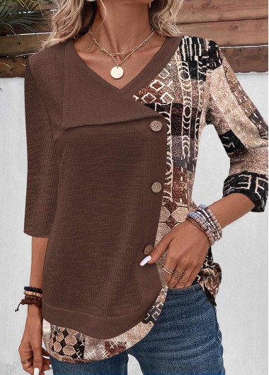 Modlily Light Coffee Patchwork Geometric Print T Shirt - XXL