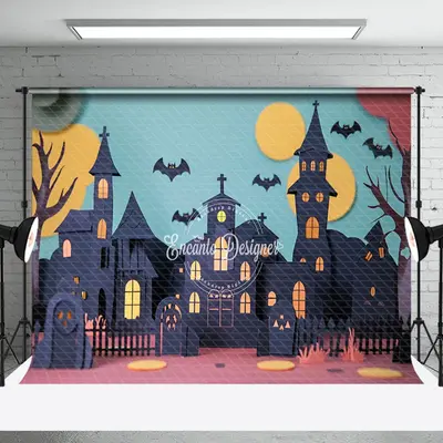 Aperturee Black Castle Moon Trees Bat Halloween Photo Backdrop - Aperturee