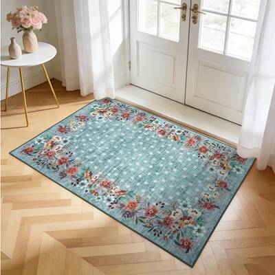 Garvee Washable Floral Area Rug - Light Green Low-Pile Carpet - Non-Slip Entryway Mat - Soft Accent Rug for Bedroom, Kitchen,...