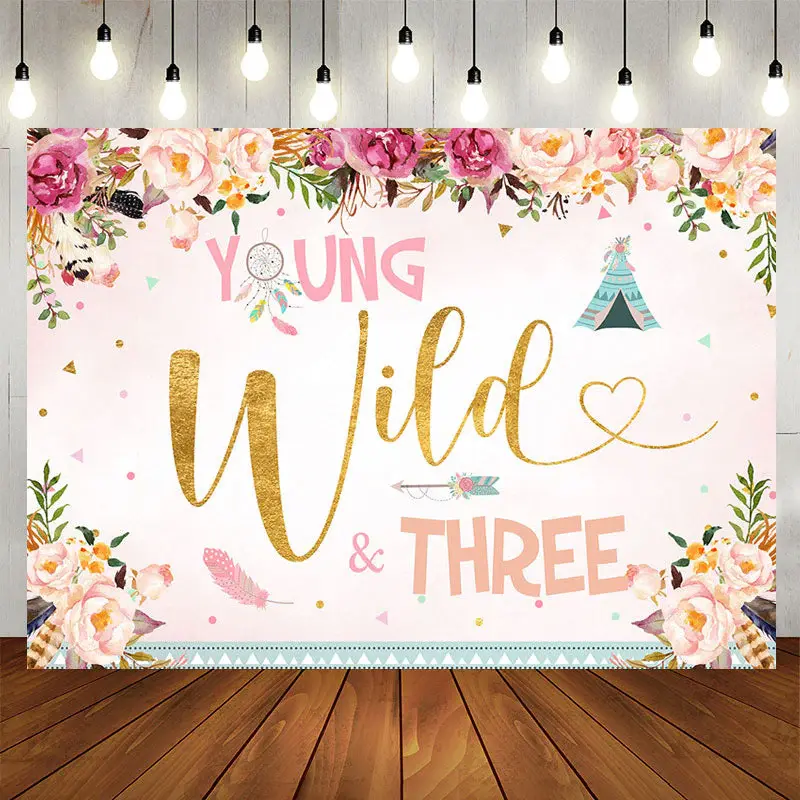 Aperturee Floral Young Wild Happy 3rd Birthday Backdrop
