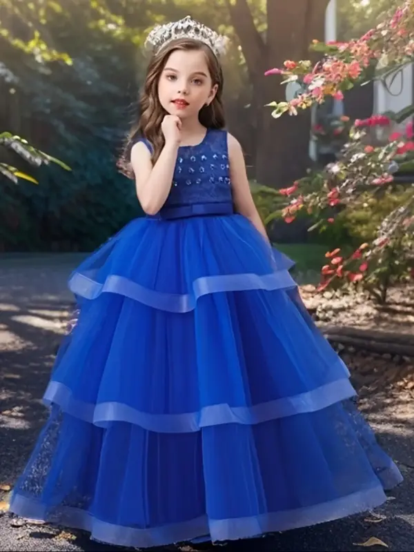 Girl's Glitter Sequin Embroidered Tulle Sweater Dress, Elegant Round Neck Sleeveless A Line Dress for Party Performance Weddi...