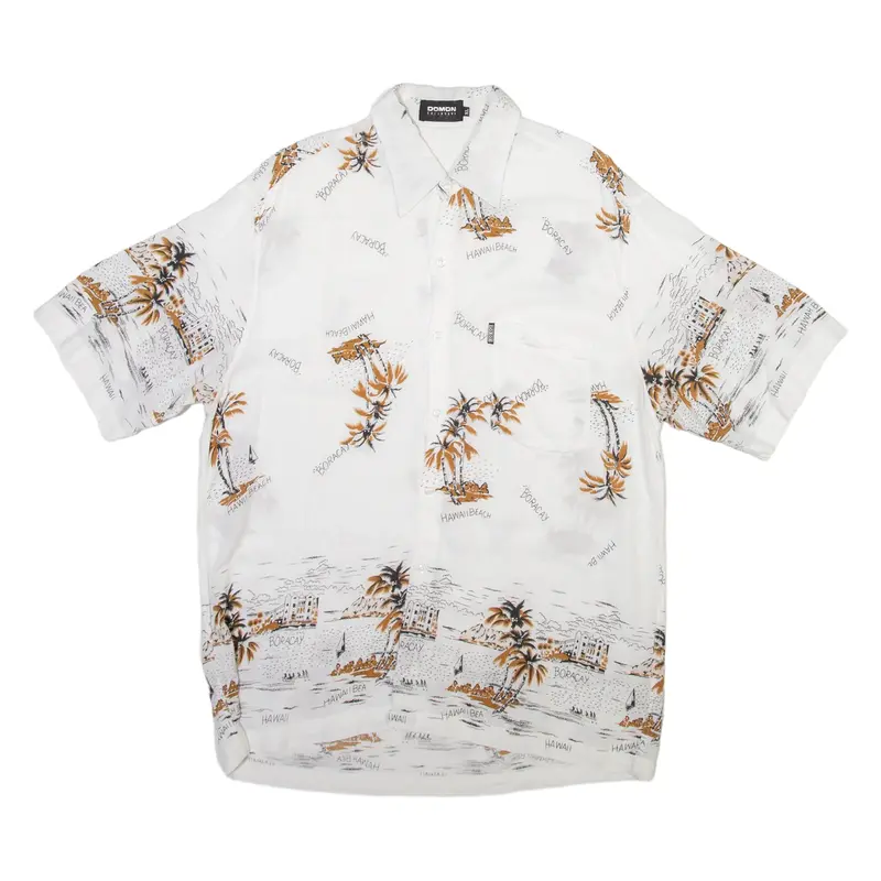 DOMON EXCLUSIVE Mens Hawaiian Shirt White Crazy Pattern Long Sleeve XL