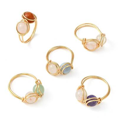 5Pcs 5 Style Natural Mixed Gemstone Round Finger Rings Set