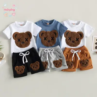 Baby Boys Summer 2-piece Outfits, Cartoon Bear Pattern Short Sleeve T-shirt and Casual Elastic Shorts Set, Casual Baby Boys...