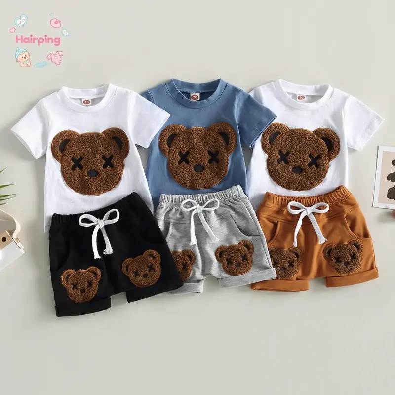 Baby Boys Summer 2-piece Outfits, Cartoon Bear Pattern Short Sleeve T-shirt and Casual Elastic Shorts Set, Casual Baby Boys...