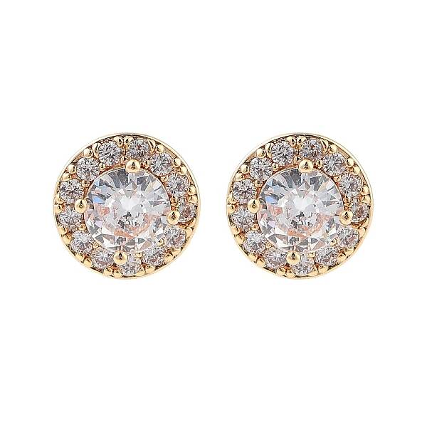 Rack Plating Flat Round Brass Clear Cubic Zirconia Stud Earrings