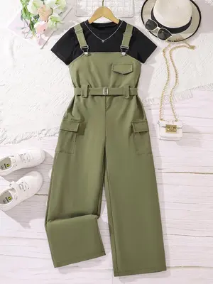Two-Piece Set Girl's Solid Round Neck Tee & Belted OverallsĀ Jumpsuit Set, Casual Short Sleeve T-shirt & Pocket Overalls for ...