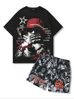 Two-piece Set Men's Regular Fit Letter & Figure Print Short Sleeve Tee & Shorts, Casual Round Neck T-shirt & Drawstring Waist...