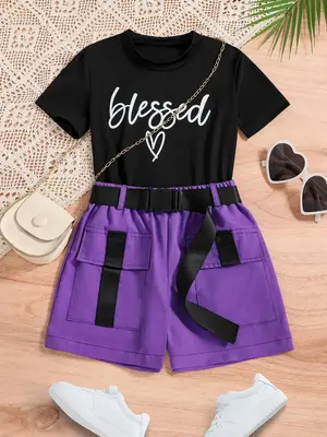 Girl's Letter Print Tee & Belted Shorts Set, Casual Short Sleeve Round Neck T-shirt & Pocket Cargo Shorts, Kids Summer Clothe...