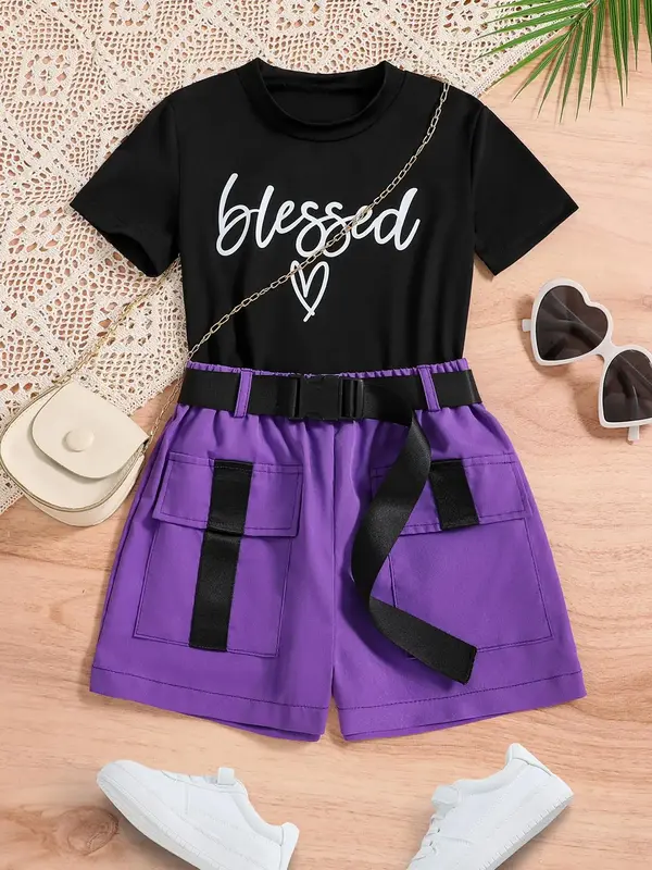 Girl's Letter Print Tee & Belted Shorts Set, Casual Short Sleeve Round Neck T-shirt & Pocket Cargo Shorts, Kids Summer Clothe...