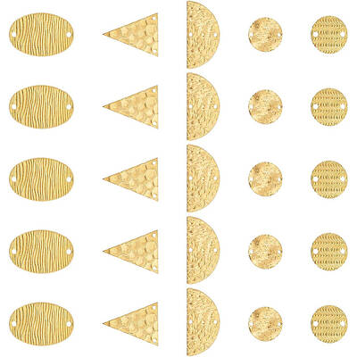 BENECREAT 50Pcs 5 Style Textured Brass Flat Round Links