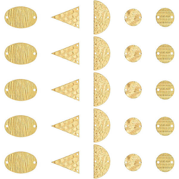 BENECREAT 50Pcs 5 Style Textured Brass Flat Round Links