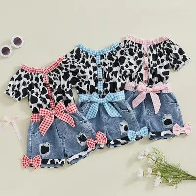Toddler Girls Summer Outfit Cow Print Short Sleeve T-Shirt and Elastic Ripped Denim Shorts with Belt Set