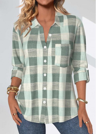 Modlily Sage Green Button Plaid Three Quarter Length Sleeve Blouse - XXL